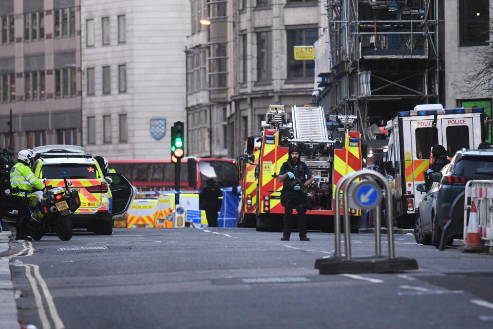 Police on Cannon Street in London near the scene of an incident on London Bridge in central London.