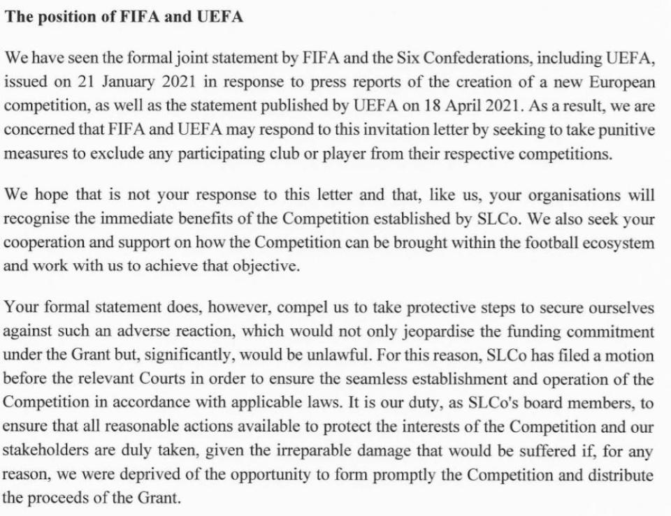 Excerpt of letter from Super League to UEFA and FIFA 