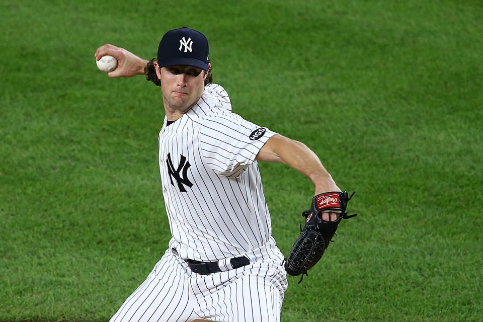 NEW YORK, NEW YORK - AUGUST 31: Gerrit Cole #45 of the New York Yankees in action against the Tampa Bay Rays at Yankee Stadium on August 31, 2020 in New York City. Tampa Bay Rays defeated the New York Yankees 5-3. (Photo by Mike Stobe/Getty Images)