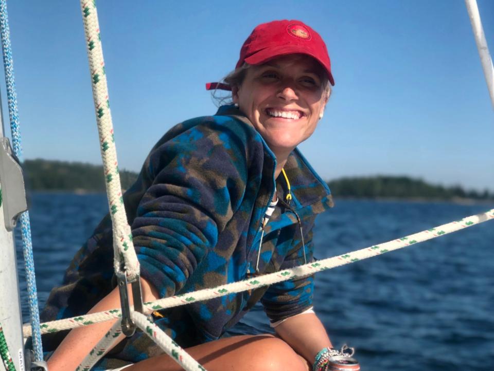 Katherine Parker-Magyar on a boat on Penobscot Bay