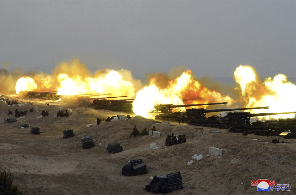 This Friday, Feb. 28, 2020, photo provided Saturday, Feb. 29, 2020, by the North Korean government shows the military drill of units of the Korean People's Army in North Korea. State media KCNA said North Korean leader Kim Jong Un supervised a military drill that simulated an attack on an island target. Independent journalists were not given access to cover the event depicted in this image distributed by the North Korean government. The content of this image is as provided and cannot be independently verified. Korean language watermark on image as provided by source reads: "KCNA" which is the abbreviation for Korean Central News Agency. (Korean Central News Agency/Korea News Service via AP)