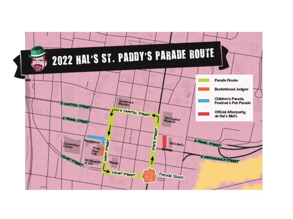 The 2022 Hal's St. Paddy's Parade route will follow a traditional path, starting at State and Court streets to East Capitol Street to West Street and returning on Court Street to State Street. The parade will roll at 1 p.m. Saturday, March 26, 2022.