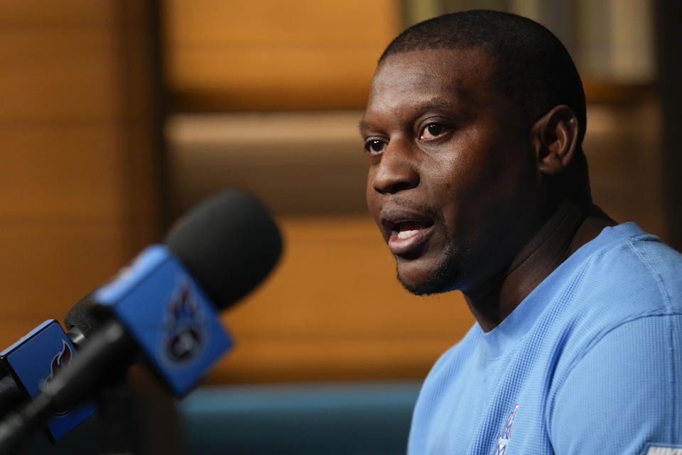 Tennessee Titans defensive coordinator Dennard Wilson responds to questions during a news conference at the NFL football team's training facility Wednesday, Feb. 14, 2024, in Nashville, Tenn. (AP Photo/George Walker IV)