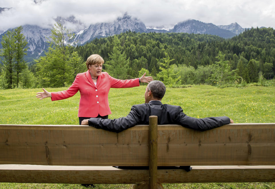 German Chancellor Angela Merkel speaks with President Barack Obama at the Schloss Elmau hotel near Garmisch-Partenkirchen, Germany, during the G-7 summit on June 8, 2015. (Photo: Michael Kappeler/Pool via AP)