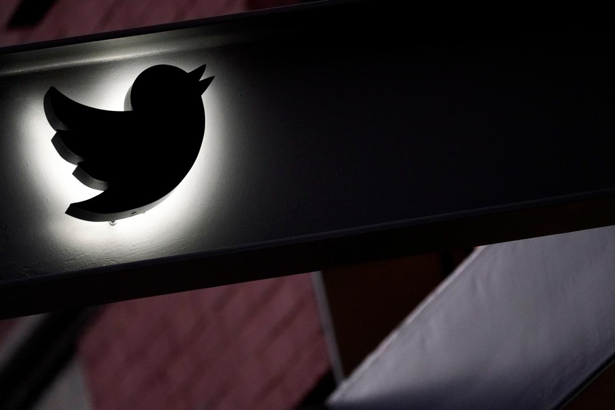 The Twitter logo is seen on the awning of the building that houses the Twitter office in New York.