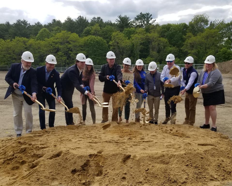 Portsmouth leaders gather for a groundbreaking ceremony at the "stump dump" site off Route 33, where the city's new skateboard park will be built, on Thursday, May 25, 2023. Left to right: Blake Martin (Weston & Sampson), Councilor Rich Blalock, Mayor McEachern, Amy-May Court and Dave Cosgrove (Skateboard Park Committee co-chairs), Asst. Mayor Joanna Kelley, Christine Sproviero (DPW Project Manager), Peter Rice (DPW Director), David Quirk (Quirk Construction), Todd Henley (Rec. Dept. Director), Esther Kennedy.