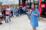 Former White House Press Secretary Sarah Sanders speaks at a campaign stop at a Dairy Queen in Little Rock, Ark., Monday, May 2, 2022. Sanders is seeking the Republican nomination for governor in the Arkansas primary. (AP Photo/Andrew DeMillo)