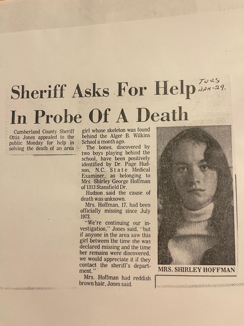 A newspaper clipping shows Cumberland County Sheriff's Office asking for the public's help with information in the 1973 death case of Shirley George Hoffman.