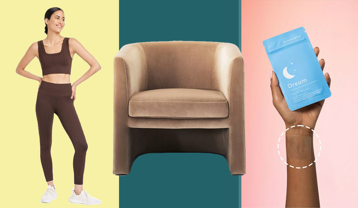 JoyLab bra and leggings, velvet chair, The Good Patch Dream patches