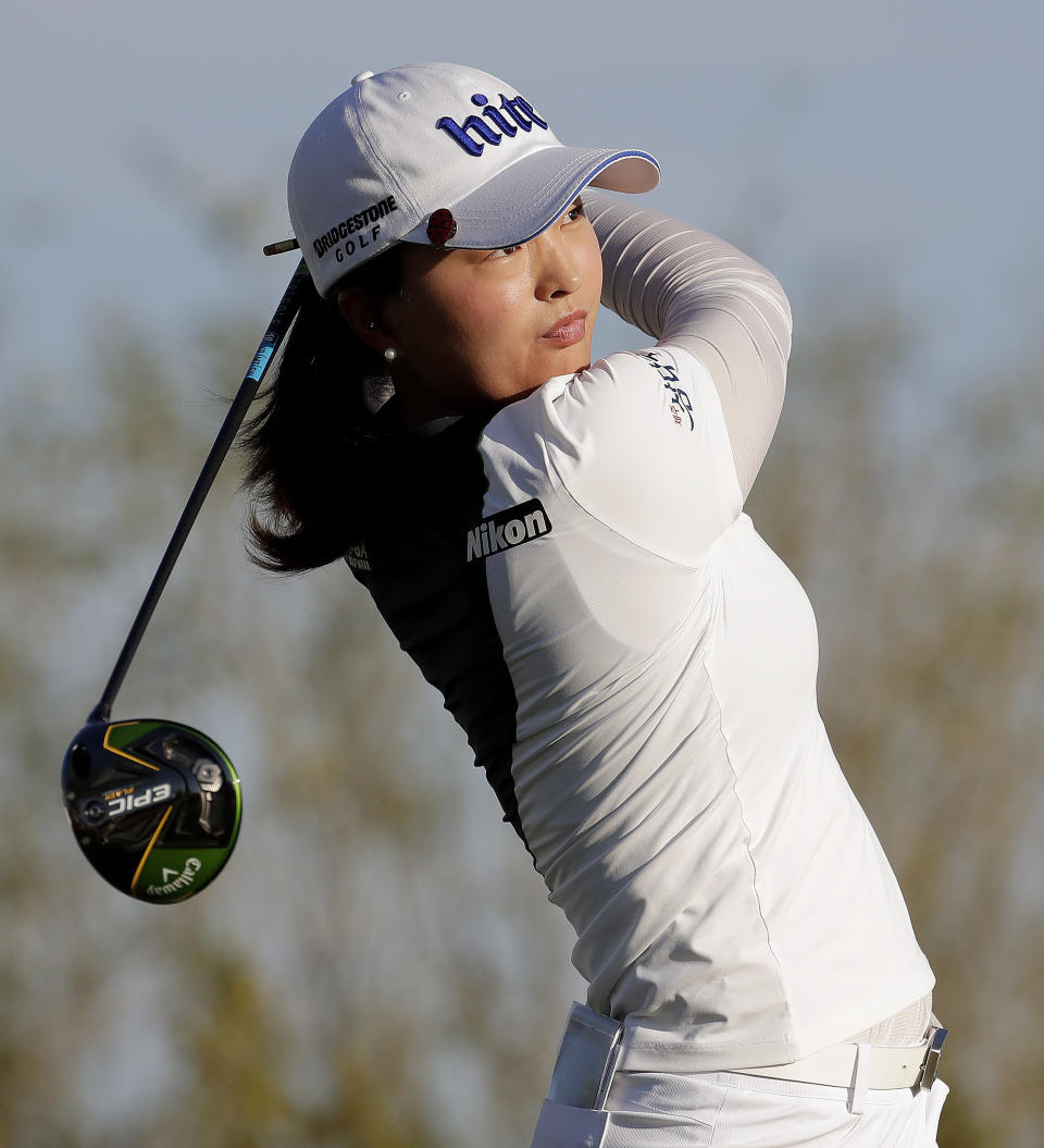 Jin Young Ko hits from the 18th tee during the final round of the Founders Cup LPGA golf tournament, Sunday, March 24, 2019, in Phoenix. Ko finished 22 under par. (AP Photo/Matt York)