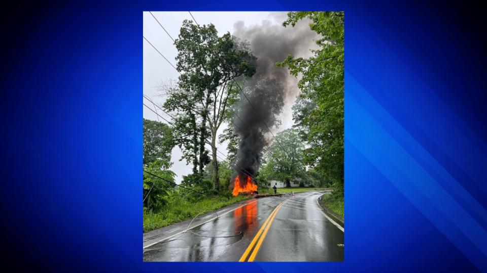 A Dodge Challenger burns after crashing into a utility pole Saturday afternoon. The female driver was rescued by two off-duty firefighters shortly before the vehicle exploded, fire officials said.