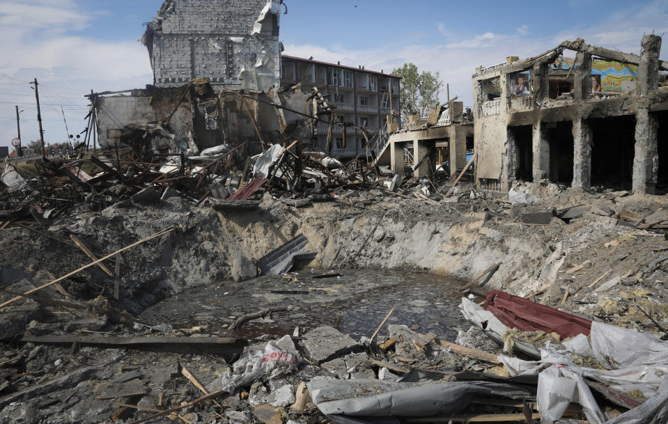 A view of buildings of local resort destroyed following recent Russian missile attacks in Odesa region, Ukraine, Thursday, Aug. 18, 2022. (AP Photo/Nina Lyashonok)