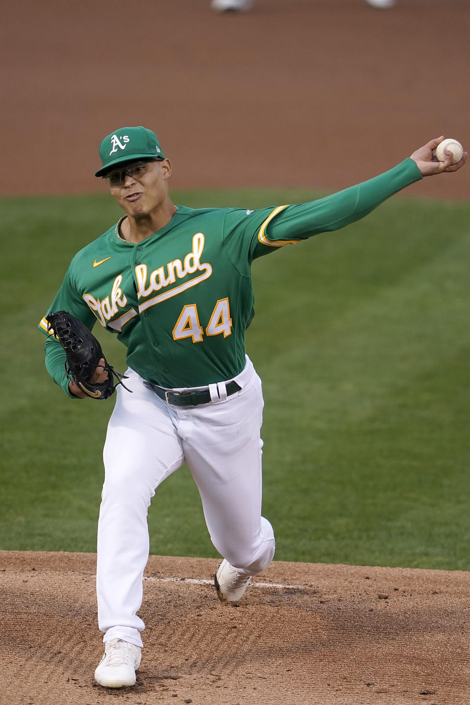 Oakland Athletics starting pitcher Jesus Luzardo throws against the San Diego Padres during the first inning of a baseball game in Oakland, Calif., Friday, Sept. 4, 2020. (AP Photo/Tony Avelar)