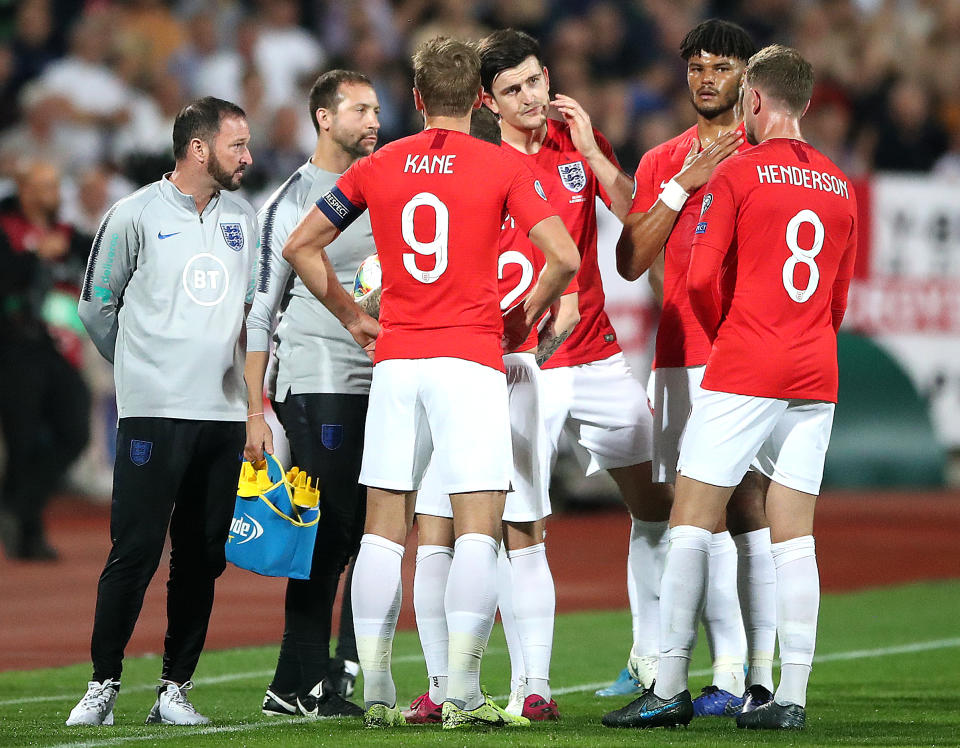 England players stand on the pitch during a temporary interruption during the UEFA Euro 2020 Qualifying match at the Vasil Levski National Stadium, Sofia, Bulgaria. (Photo by Nick Potts/PA Images via Getty Images)