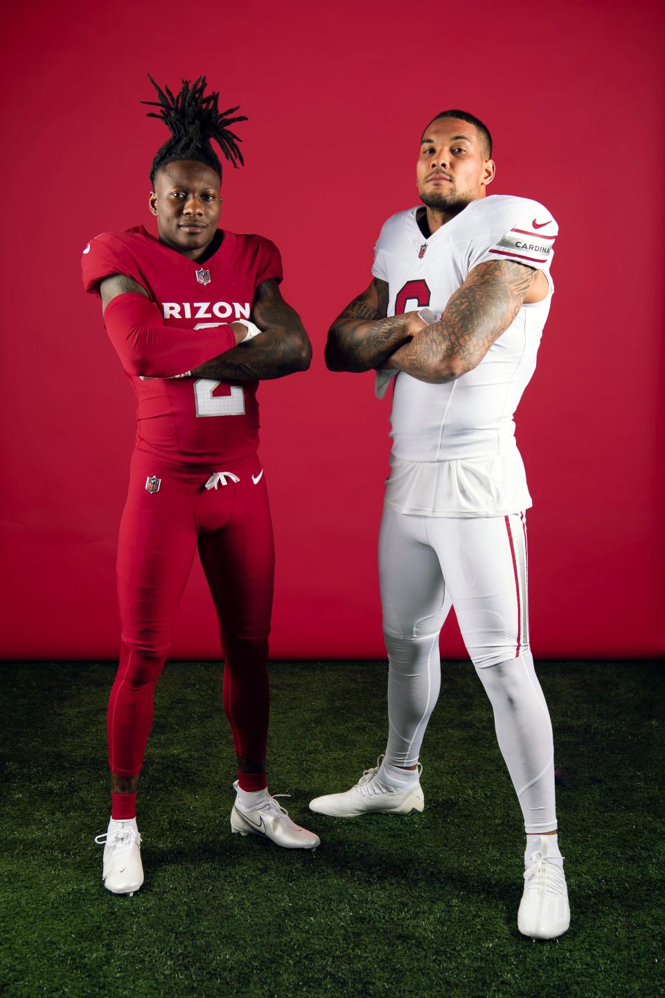 Arizona Cardinals wide receiver Marquise "Hollywood" Brown (2) and running back James Conner pose during a photoshoot for the team's uniform reveal.