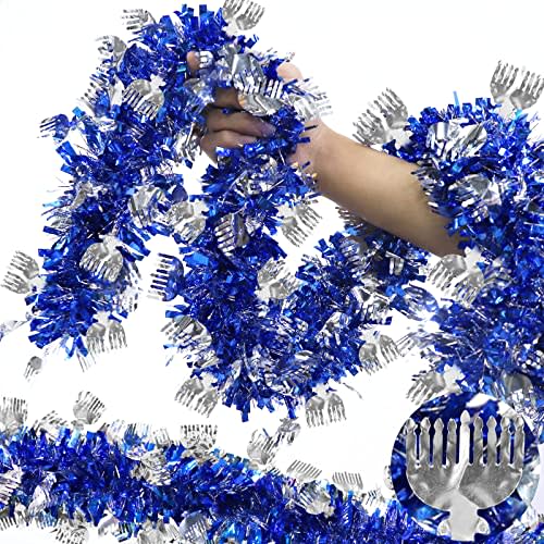 TURNMEON 18 Feet by 6 Inch Hanukkah Garland Decoration, Blue Tinsel Garland with Silver Menorah Ornaments Metallic Streamers Chanukah Hanukkah Decorations Indoor Outdoor Home Party Supplies