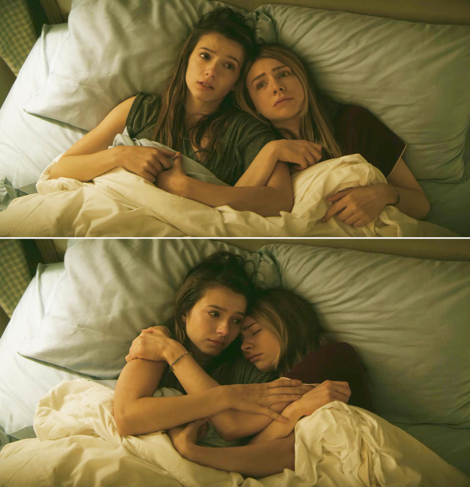 Sterling and Blair hugging in bed in Teenage Bounty Hunters