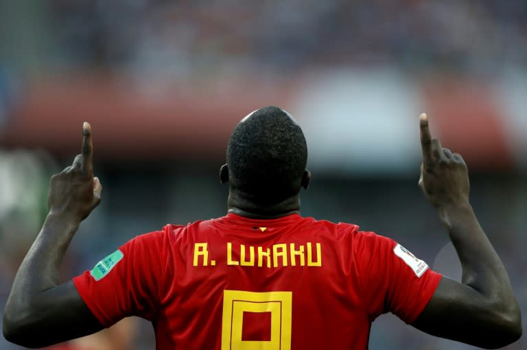 Belgium forward Romelu Lukaku celebrates after scoring his team's third goal against Panama in Sochi