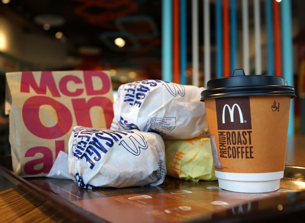 McDonalds bagel sandwiches and coffee on a table