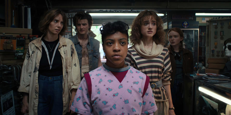 Maya Hawke as Robin Buckley, Joe Keery as Steve Harrington, Priah Ferguson as Erica Sinclair, Natalia Dyer as Nancy Wheeler, and Sadie Sink as Max Mayfield in 'Stranger Things'<span class="copyright">Courtesy of Netflix</span>