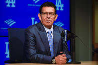 Former Los Angeles Dodgers Fernando Valenzuela speaks during a news conference ahead of his jersey retirement ceremony at a baseball game between the Dodgers and the Colorado Rockies, Friday, Aug. 11, 2023, in Los Angeles. (AP Photo/Ryan Sun)