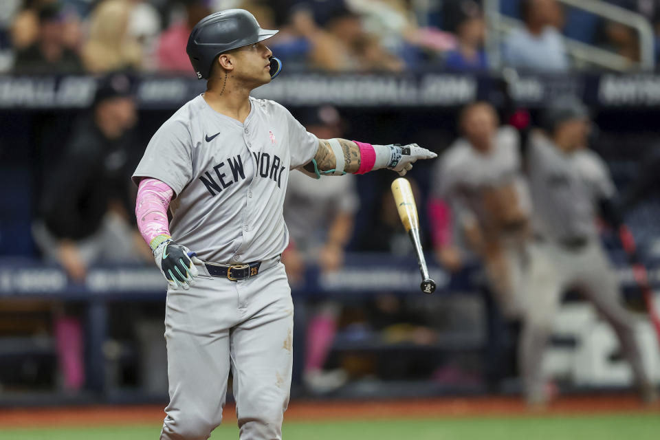 New York Yankees' Gleyber Torres watches his three-run home run against the Tampa Bay Rays during the eighth inning of a baseball game Sunday, May 12, 2024, in St. Petersburg, Fla. (AP Photo/Mike Carlson)