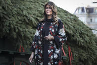 First Lady Melania Trump stands next to the White House Christmas Tree at the North Portico of the White House on November 25, 2019 in Washington, D.C. 2019. Larry Snyder of Mahantongo Valley Farms presented the Pennsylvania-grown Christmas Tree to Melania Trump and the tree will be displayed in the White House Blue Room (Photo by Oliver Contreras/SIPA USA)