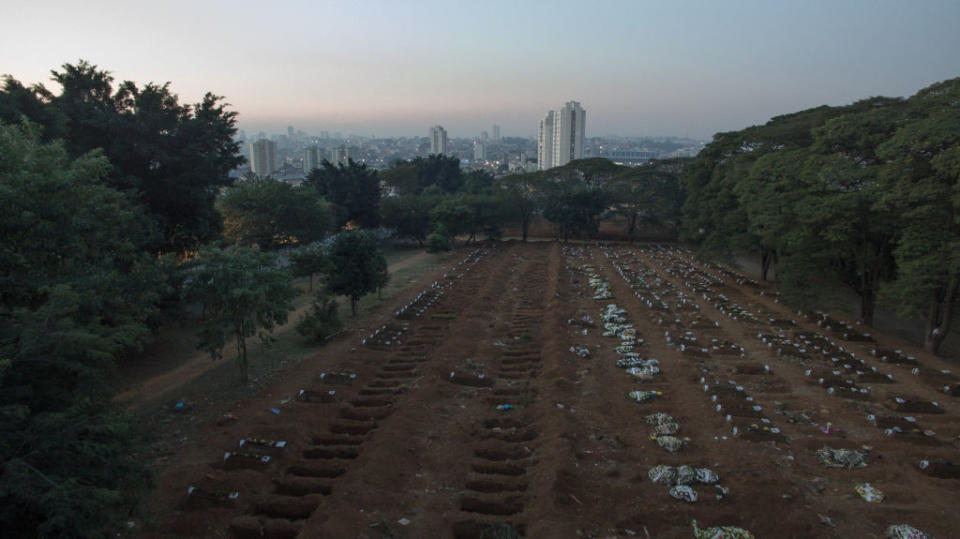 Open graves are prepared at the Vila Formosa cemetery in Sao Paulo. Source: Getty