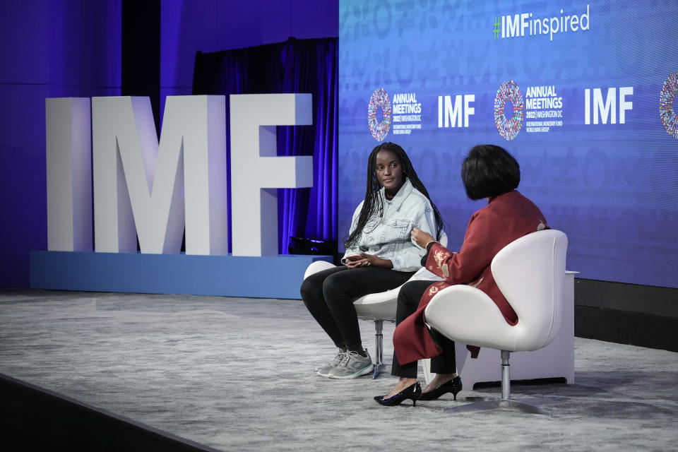 WASHINGTON, DC - OCTOBER 10: Ugandan climate activist Vanessa Nakate participates in a discussion on climate change with IMF Deputy Secretary of the Executive Board Sabina Bhatia at IMF headquarters on October 10, 2022 in Washington, DC. The International Monetary Fund and World Bank Group are holding their annual meetings in Washington, DC all this week. Last week, the IMF executive board approved $1.3 billion in emergency funding for Ukraine. (Photo by Drew Angerer/Getty Images)