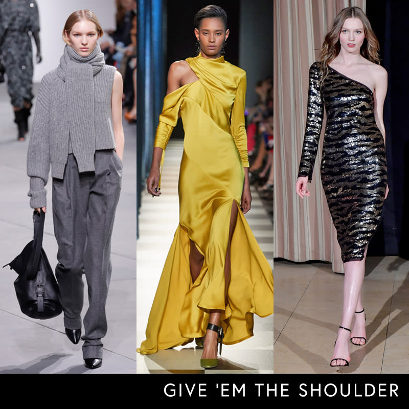 <p>An asymmetric design with a single long sleeve revealing a lone shoulder is the new preferred (and highly sophisticated) way to bare skin.</p> <h4>Getty Images for Michael Kors, Evan Miller for Monse, Courtesy of Rachel Zoe</h4>