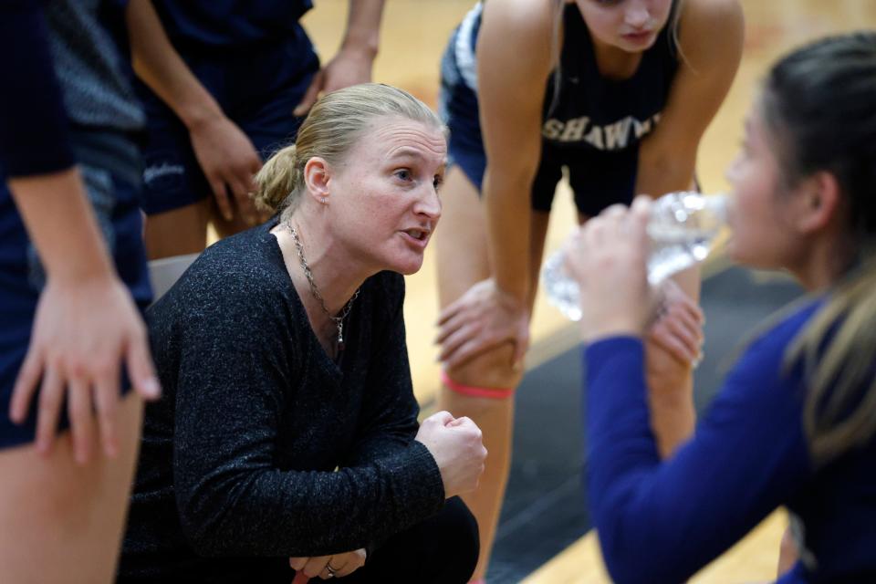 Shawnee coach Wendi Wells talks with her team during a 51-25 win against Crossings Christian on Friday.