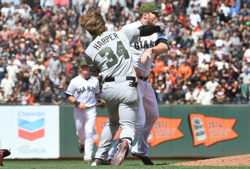 Bryce Harper and Hunter Strickland in Monday's brawl at AT&T Park. (Getty Images)