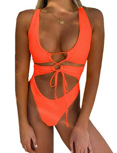 Bright Orange Lace Plunge Neck Bodysuit