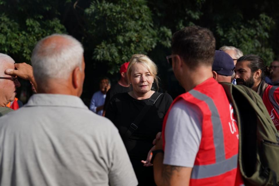 Unite general secretary Sharon Graham speaks to her members on a picket line at the Port of Felixstowe in Suffolk, (Joe Giddens/PA) (PA Wire)