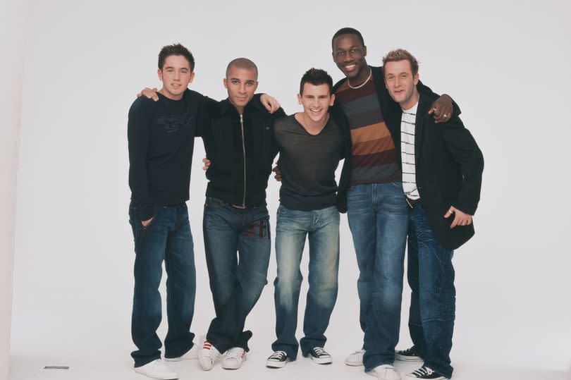 British boy band One True Voice, November 2002. They are Anton Gordon, Matt Johnson, Daniel Pearce, Keith Semple and Jamie Shaw