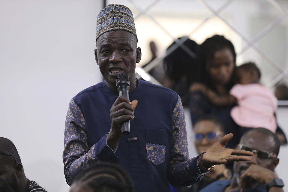 Yahi Buata, a parent of one of the Chibok schoolgirls who were kidnapped in 2014 by Islamic extremists, attends a 10th anniversary event of the abduction in Lagos, Nigeria, Thursday, April 4, 2024. A new film in Nigeria is being screened to remember the nearly 100 schoolgirls who are still in captivity 10 years after they were seized from their school in the country’s northeast. At least 276 girls were kidnapped during the April 2014 attack, but most have since regained their freedom. (AP Photo/Mansur Ibrahim )