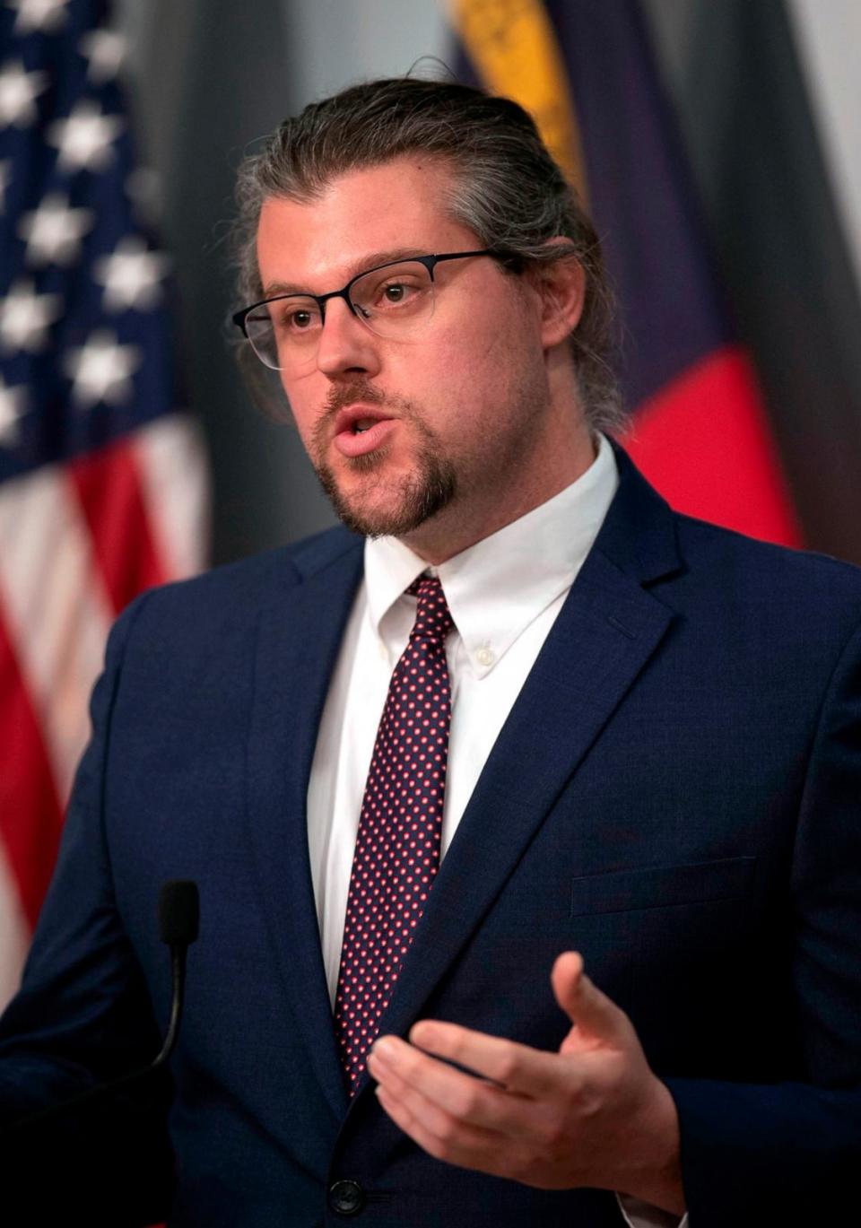 PHOTO: In this Feb. 18, 2021, file photo, Kody Kinsley, Deputy Secretary of Health & Human Service, speaks during a press conference at the Emergency Operations Center in Raleigh, N.C. (Robert Willett/The News & Observer via AP, FILE)