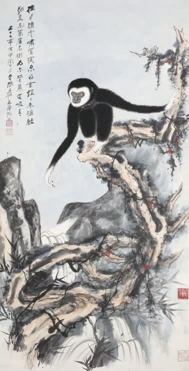 2022年終最重磅藝術展「張大千回來了」。圖 檞樹捿猿圖。  （圖／淡江大學文錙藝術中心提供）