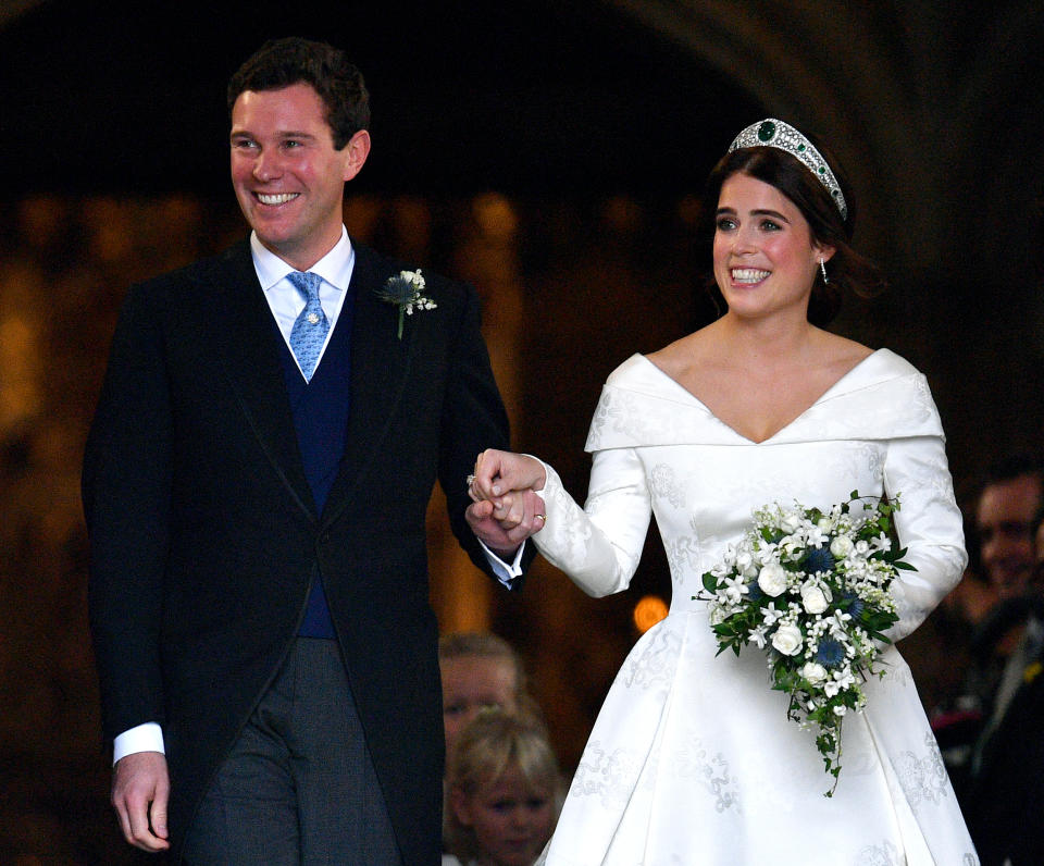 WINDSOR, UNITED KINGDOM - OCTOBER 12: (EMBARGOED FOR PUBLICATION IN UK NEWSPAPERS UNTIL 24 HOURS AFTER CREATE DATE AND TIME) Jack Brooksbank and Princess Eugenie leave St George's Chapel after their wedding ceremony on October 12, 2018 in Windsor, England. (Photo by Pool/Max Mumby/Getty Images)