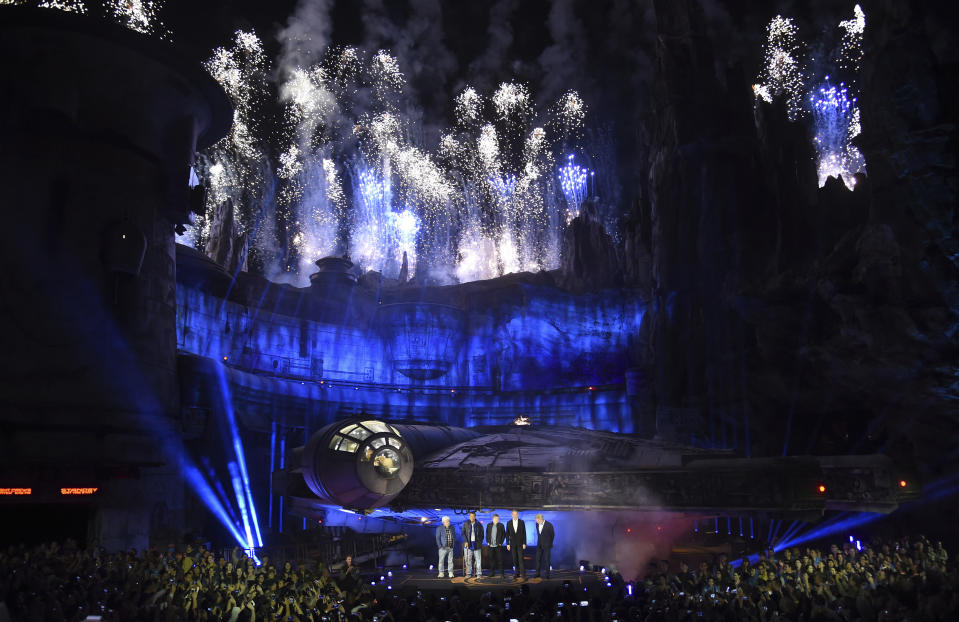 Fireworks go off behind the Millennium Falcon starship during a dedication ceremony for the new Star Wars: Galaxy's Edge attraction at Disneyland Park, Wednesday, May 29, 2019, in Anaheim, Calif. (Photo by Chris Pizzello/Invision/AP)