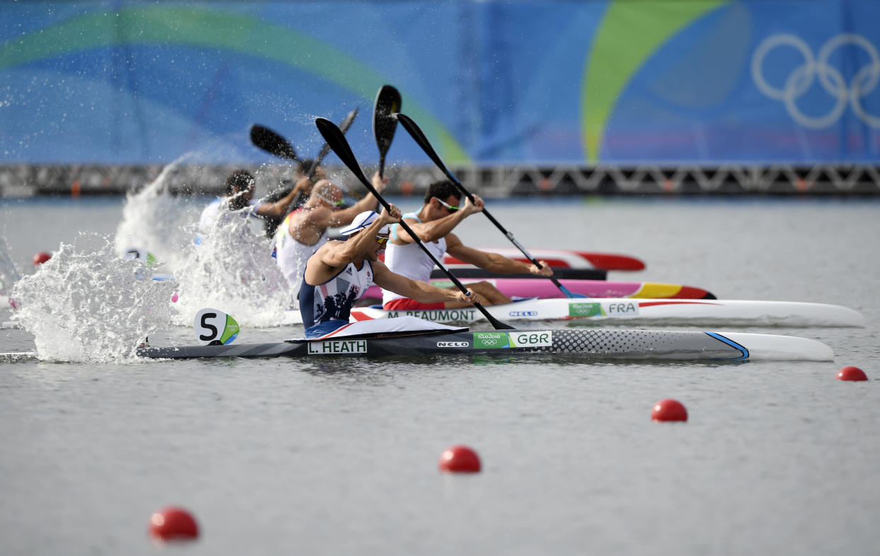 Britain's Liam Heath competes in the Men's Kayak Single (K1) 200m final at the Lagoa Stadium during the Rio 2016 Olympic Games in Rio de Janeiro on August 20, 2016. / AFP / Damien MEYER        (Photo credit should read DAMIEN MEYER/AFP/Getty Images)