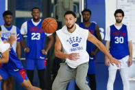 Philadelphia 76ers' Ben Simmons takes part in a practice at the NBA basketball team's facility, Monday, Oct. 18, 2021, in Camden, N.J. (AP Photo/Matt Rourke)