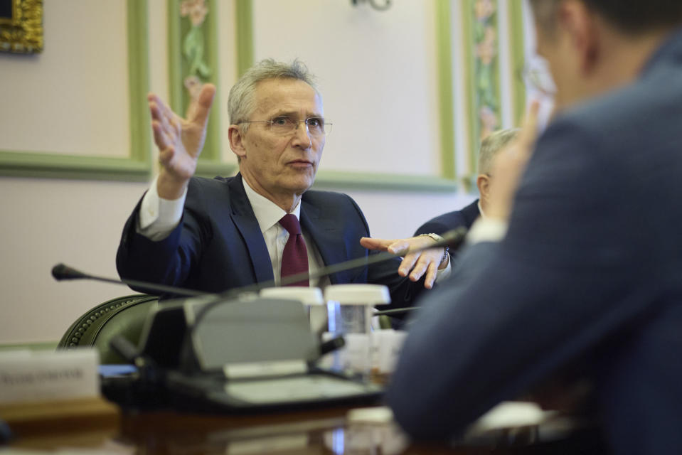 NATO Secretary General Jens Stoltenberg talks during his meeting with Ukrainian President Volodymyr Zelenskyy in Kyiv Ukraine, Monday, April 29, 2024. (Ukrainian Presidential Press Office via AP)