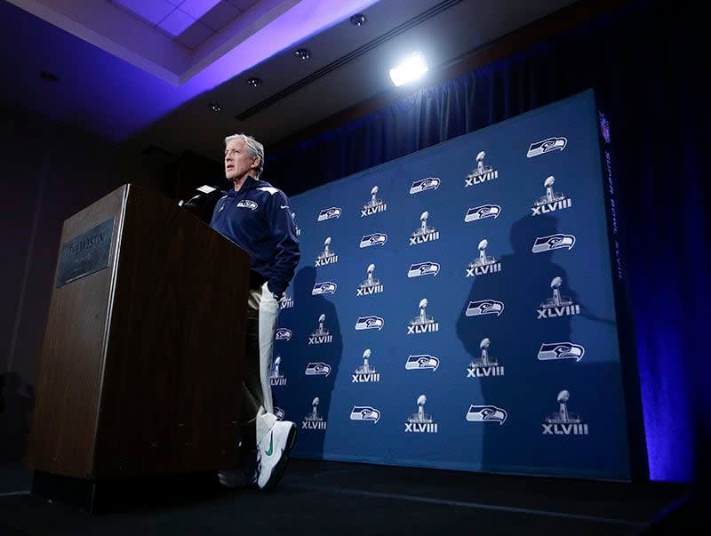 JERSEY CITY, NJ - JANUARY 29:   Pete Carroll, head coach of the Seattle Seahawks speaks to the media during an availability January 29, 2014 in Jersey City, New Jersey. The Denver Broncos and Seattle Seahawks will meet at Super Bowl XLVIII at Metlife Stadium on February 2, 2014. (Photo by Jeff Zelevansky/Getty Images)