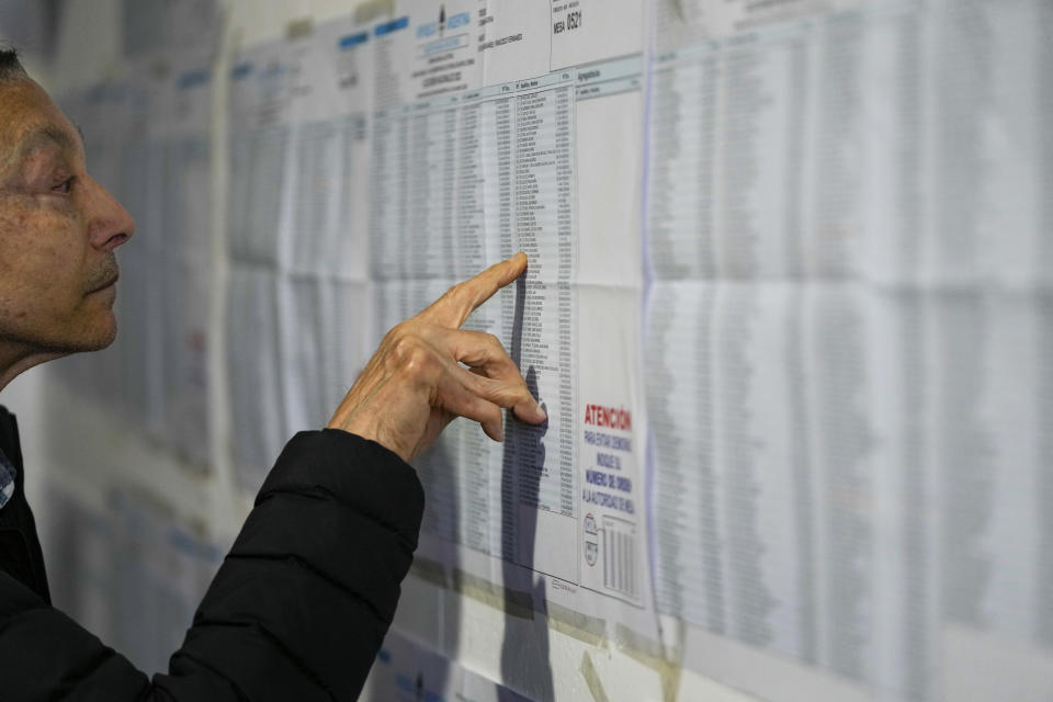 A voter looks at electoral lists during the presidential runoff election between Javier Milei and Sergio Massa in Buenos Aires, Argentina, Sunday, Nov. 19, 2023. (AP Photo/Matias Delacroix)