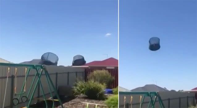 Two backyard trampolines were sent flying skywards when a dust storm hit Murray Bridge, SA. Source: Sunrise