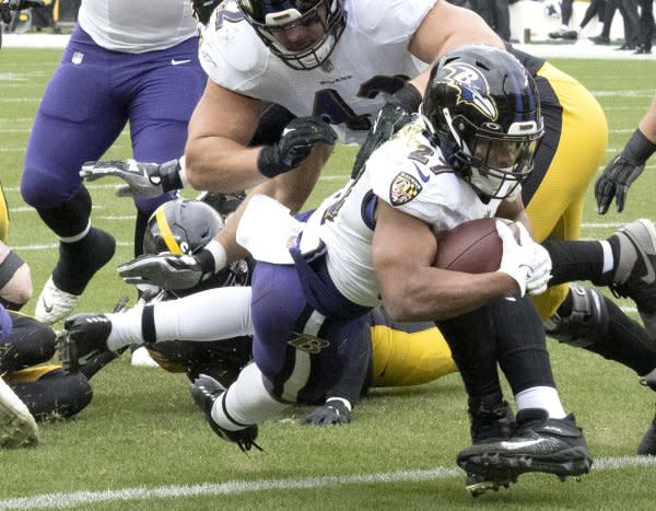 Baltimore Ravens running back J.K. Dobbins struggled to stay on the field through his first two seasons because of injuries. File Photo by Archie Carpenter/UPI
