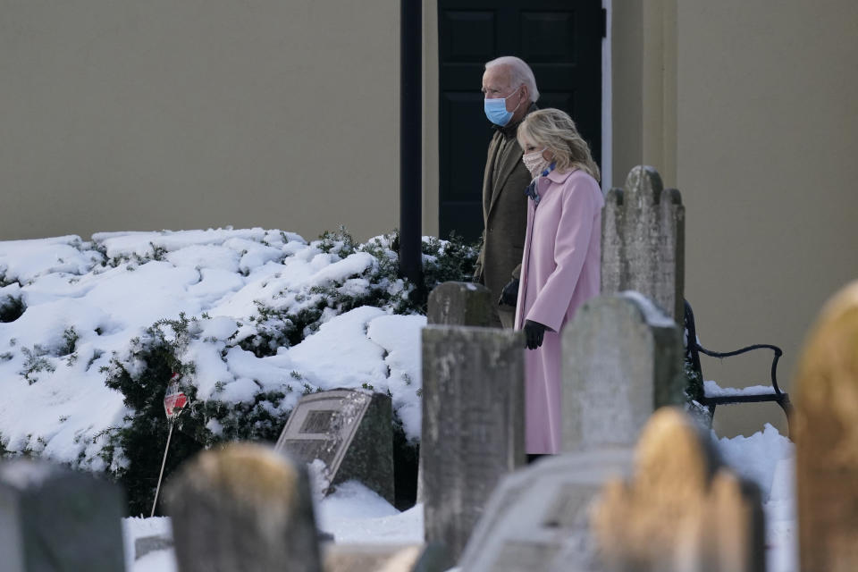 President-elect Joe Biden and his wife Jill Biden walk from St. Joseph on the Brandywine Roman Catholic Church in Wilmington, Del., Friday, Dec. 18, 2020. Today is the anniversary of Neilia and Naomi Biden's death. (AP Photo/Carolyn Kaster)