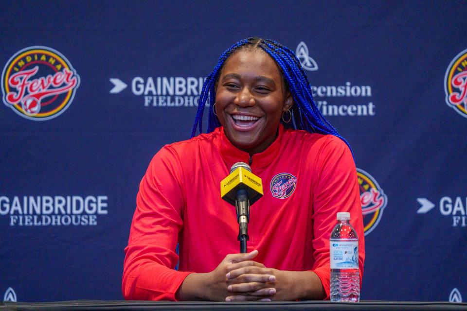 Indiana Fever's Aliyah Boston speaks with media Monday, April 24, 2023, at a press conference at Gainbridge Fieldhouse's Salesforce Court. Boston is the Fever's first No. 1 overall WNBA draft selection in franchise history. 