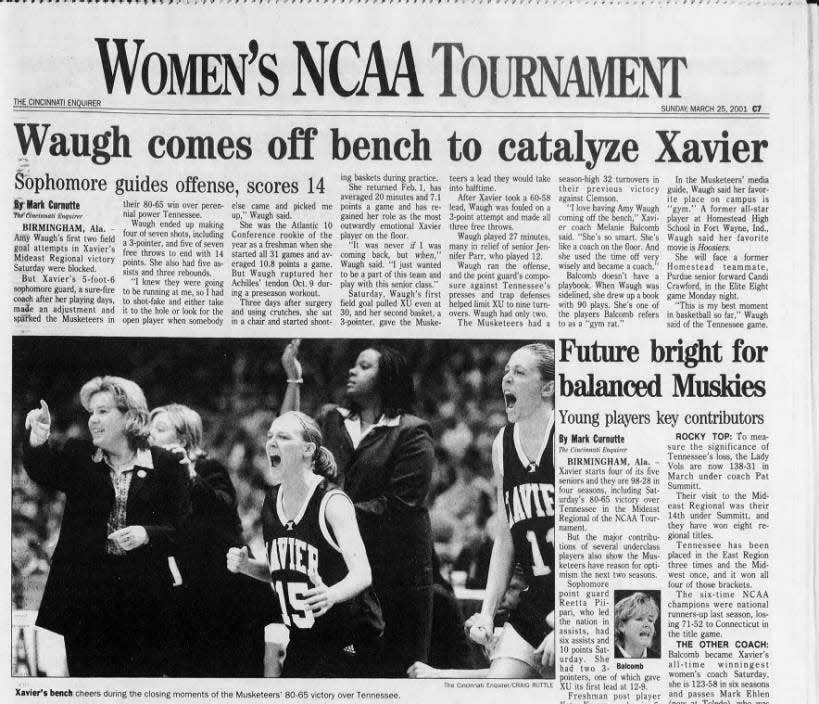 Xavier beat Tennessee, 80-65, in the Sweet 16 in the 2001 NCAA Tournament. The victory sent the Musketeers to the Elite Eight for the first time in program history.